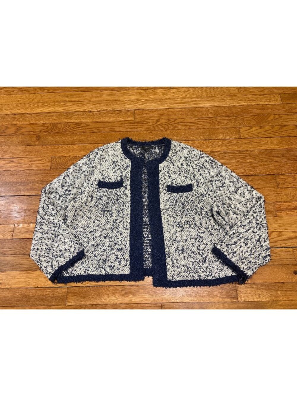 J. Crew Womens Open Front Blazer Jacket Size 2XL White Blue Heathered Fuzzy Knit